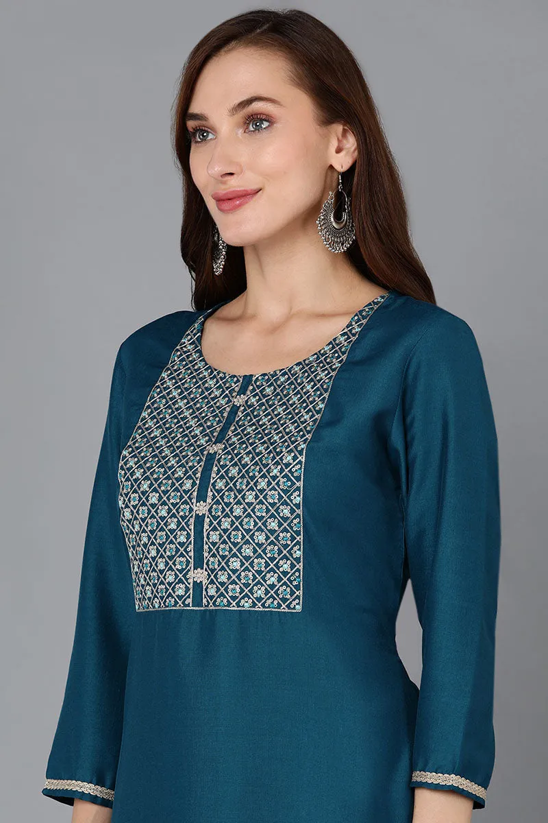 Teal Silk Blend Straight Kurta Pant With Dupatta