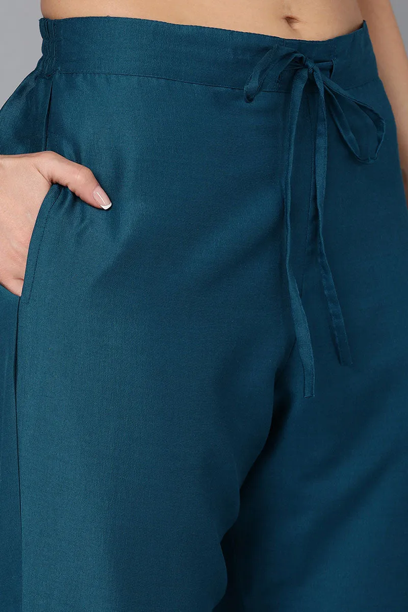 Teal Silk Blend Straight Kurta Pant With Dupatta