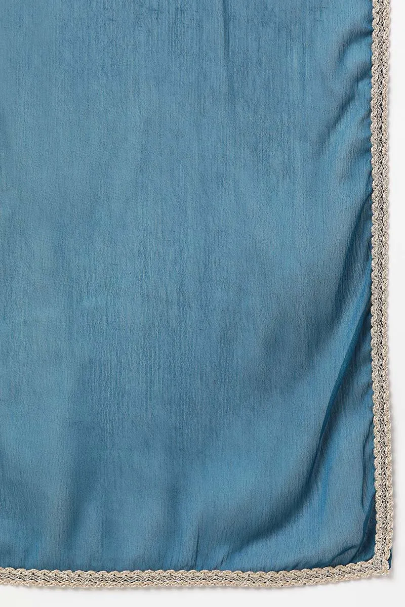 Teal Silk Blend Straight Kurta Pant With Dupatta