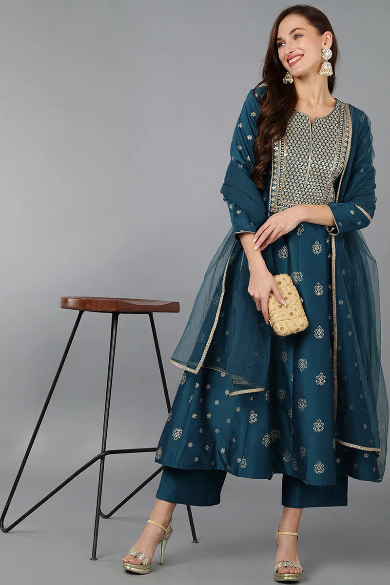 Teal Silk Blend Woven Design Anarkali Suit Set