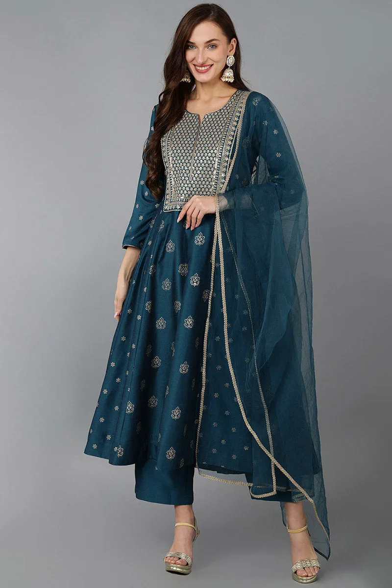 Teal Silk Blend Woven Design Anarkali Suit Set