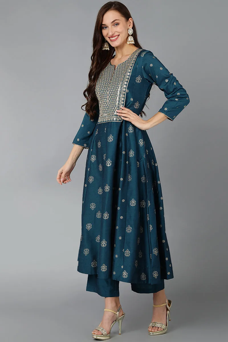 Teal Silk Blend Woven Design Anarkali Suit Set