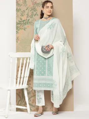 Teal Thread Work Kurta Dupatta Set