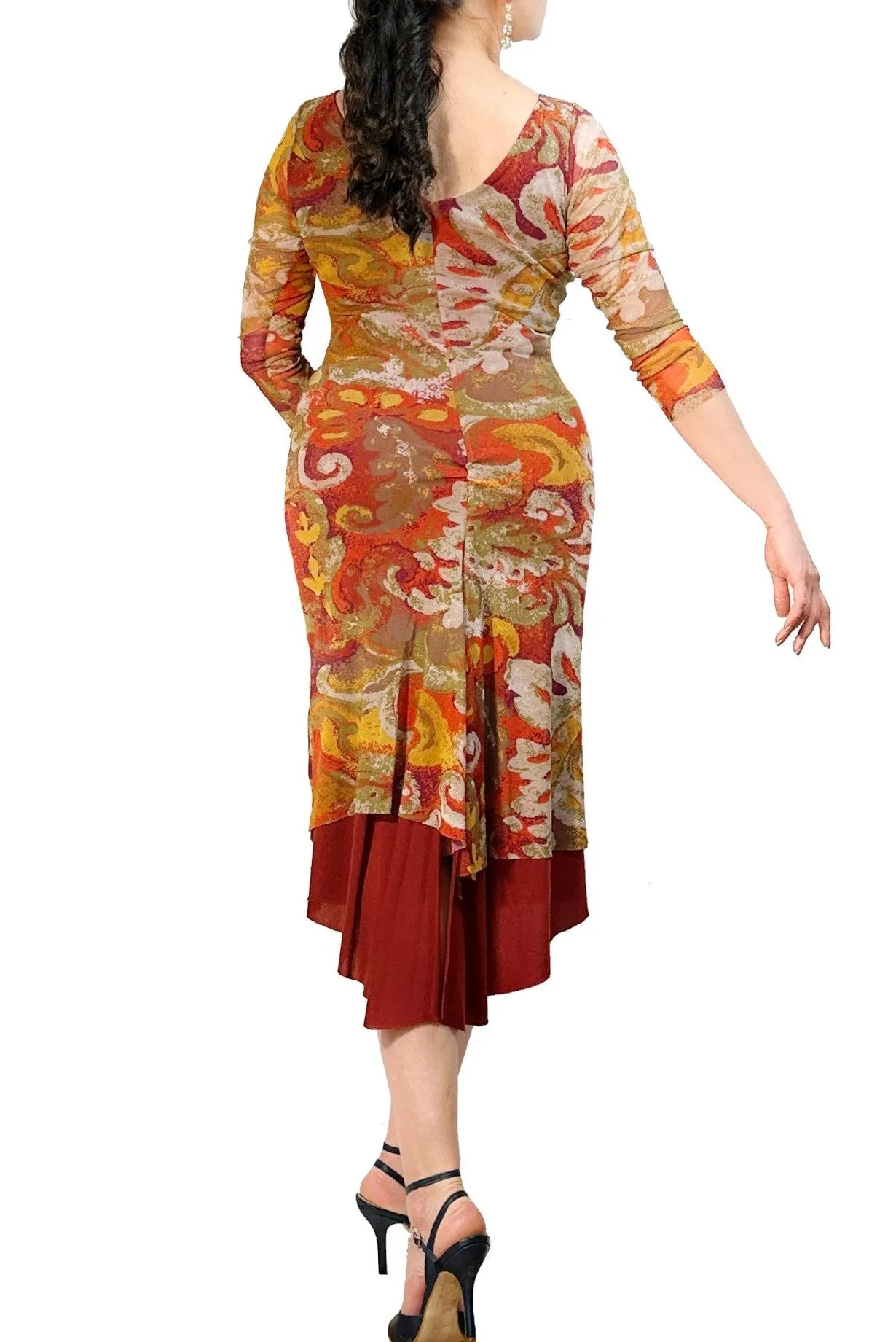 terracotta damask NINA mesh tango dress with sleeves