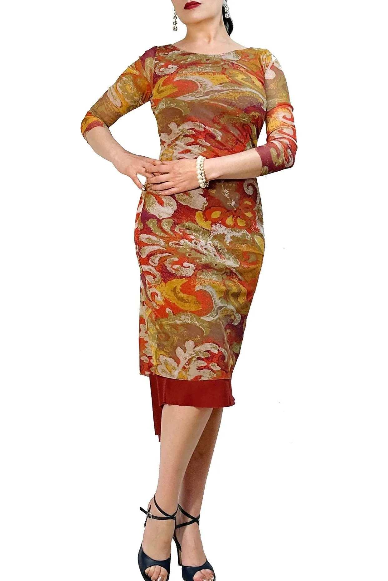 terracotta damask NINA mesh tango dress with sleeves