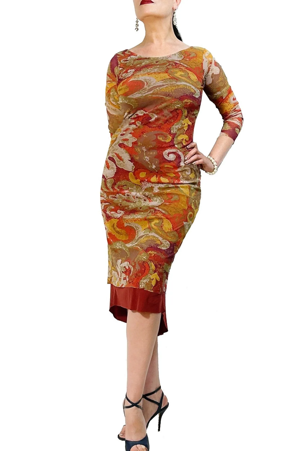 terracotta damask NINA mesh tango dress with sleeves