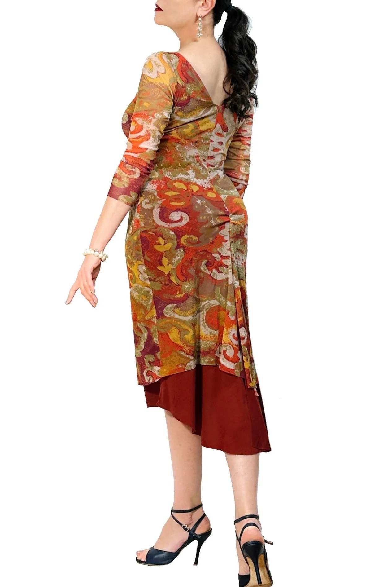 terracotta damask NINA mesh tango dress with sleeves