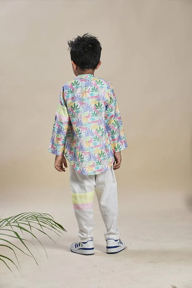 Tropical Print Short Shirt Kurta and Off-White Pants Set for Boys