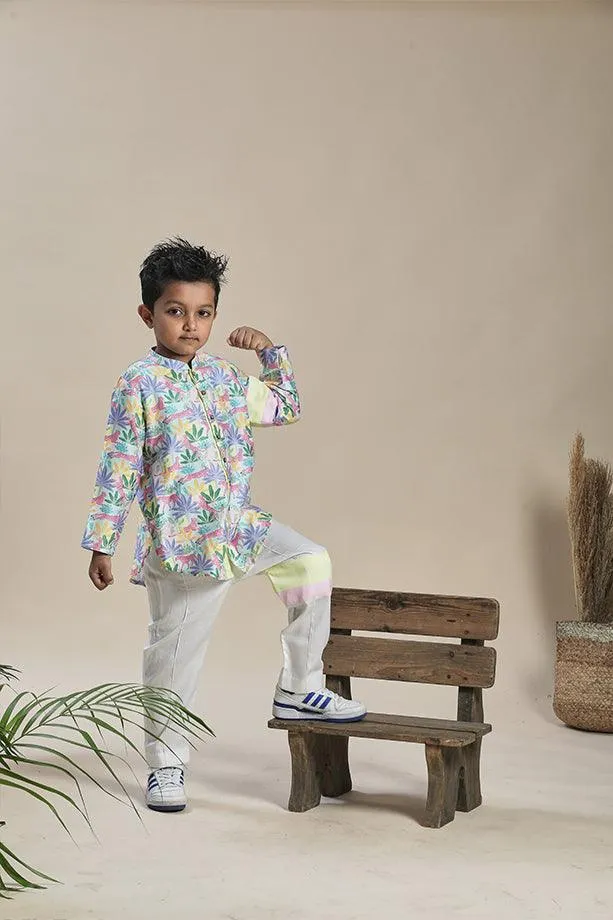 Tropical Print Short Shirt Kurta and Off-White Pants Set for Boys