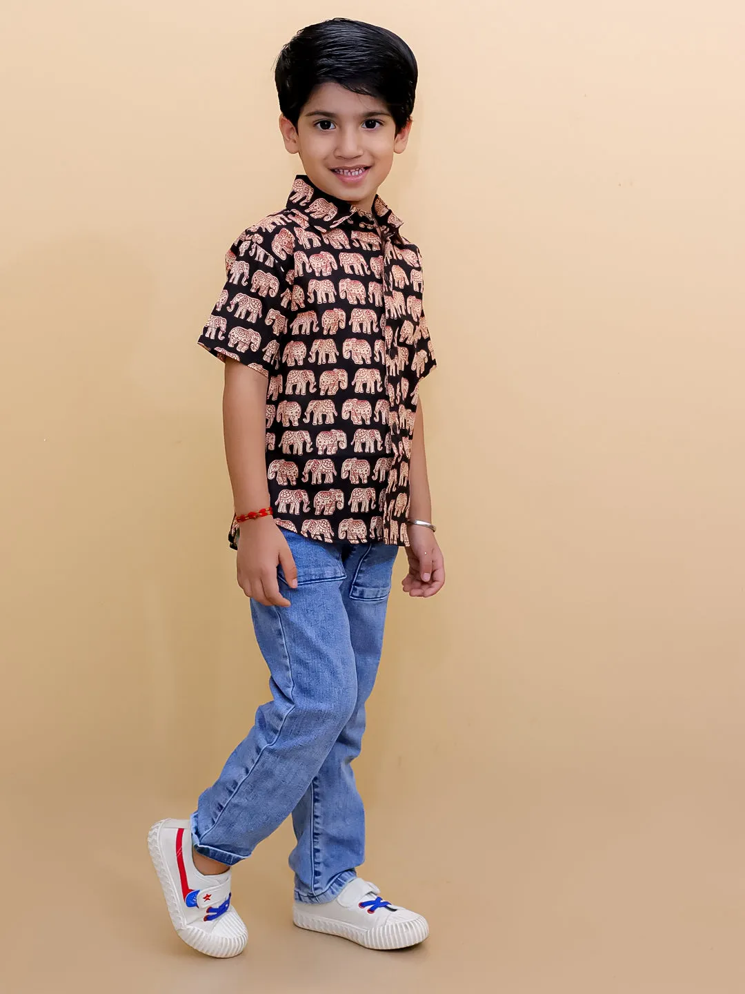 Twinning Combo-Black Elephant Print Mens Shirt with Black Elephant Print Boys Shirt