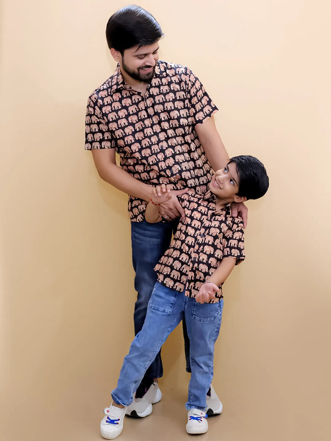 Twinning Combo-Black Elephant Print Mens Shirt with Black Elephant Print Boys Shirt