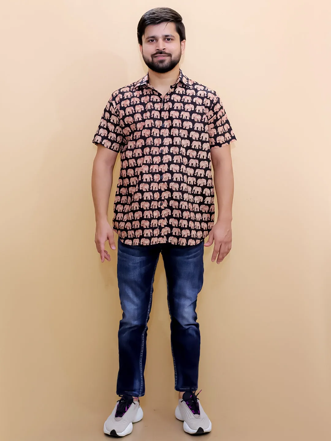 Twinning Combo-Black Elephant Print Mens Shirt with Black Elephant Print Boys Shirt