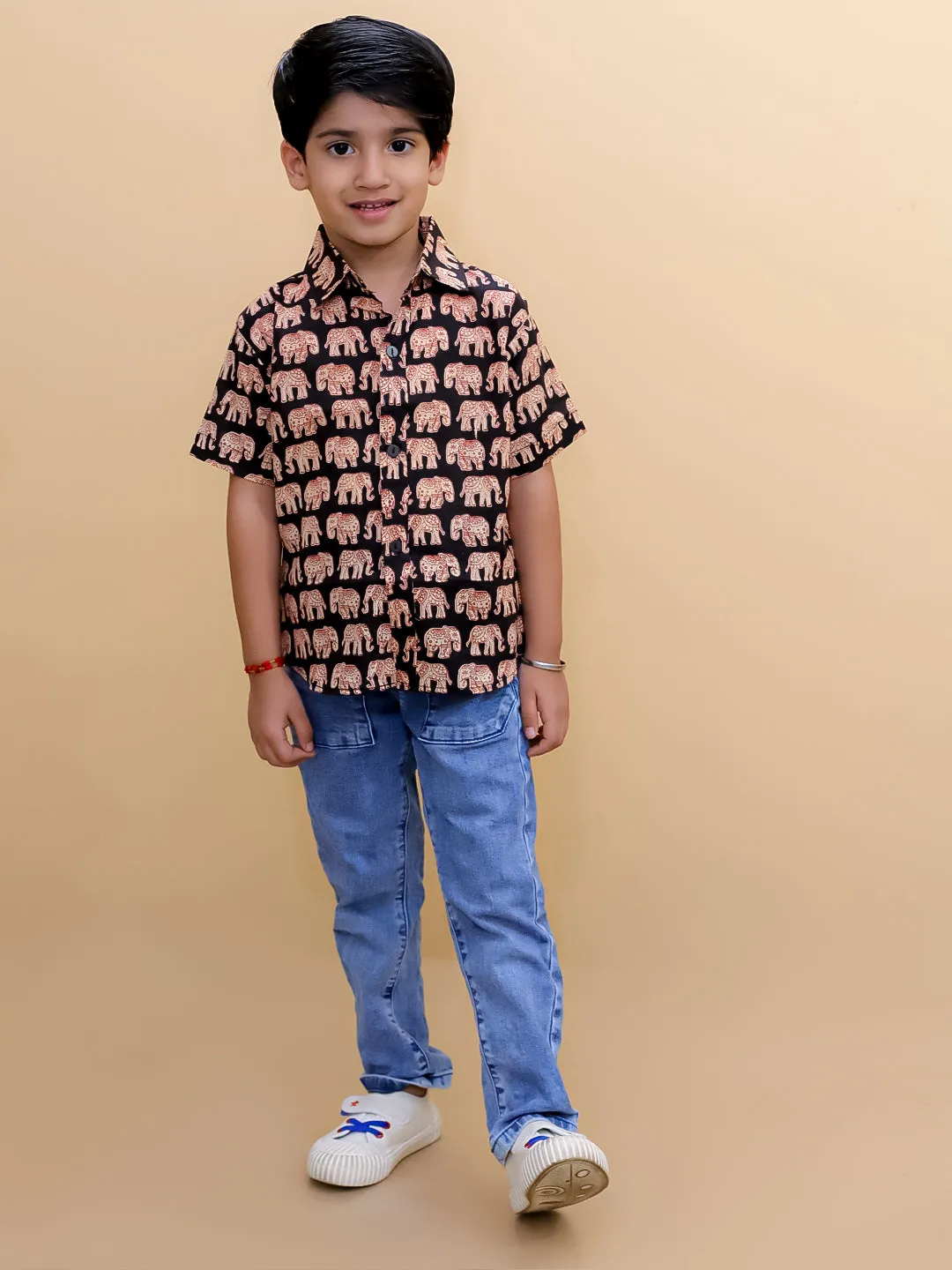 Twinning Combo-Black Elephant Print Mens Shirt with Black Elephant Print Boys Shirt