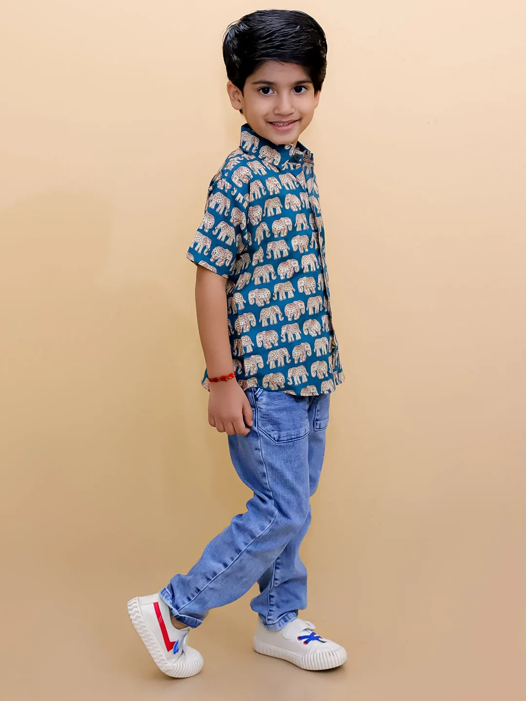 Twinning Combo-Teal Elephant Print Mens Shirt with Teal Elephant Print Boys Shirt