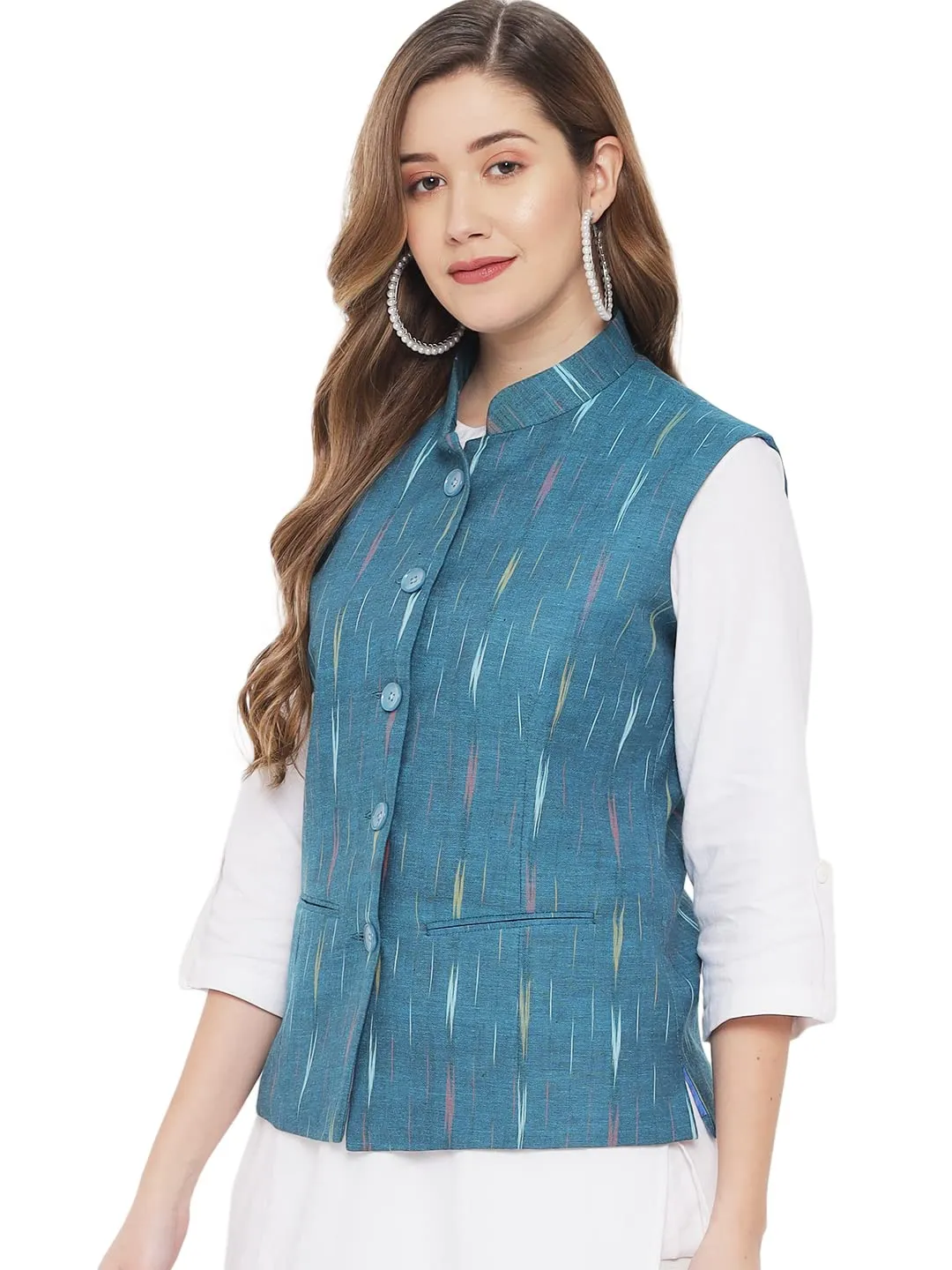 Vastraa Fusion Womens Ikat Printed Cotton Nehru Jacket (TS1433S-40_Teal Green-Small Arrow_40)