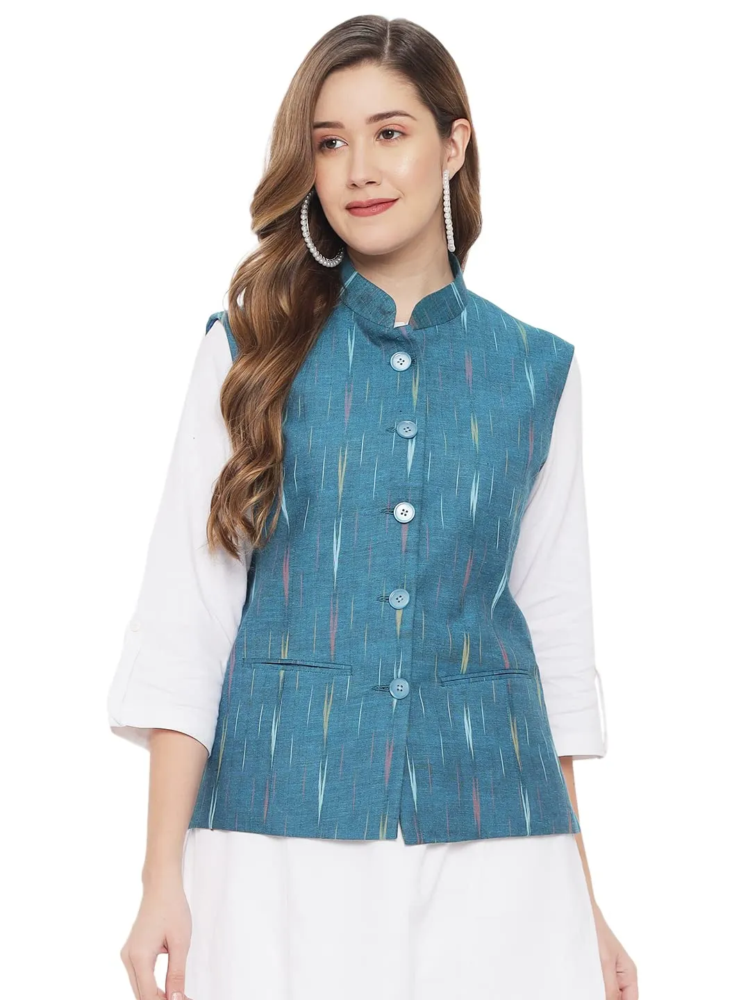 Vastraa Fusion Womens Ikat Printed Cotton Nehru Jacket (TS1433S-40_Teal Green-Small Arrow_40)