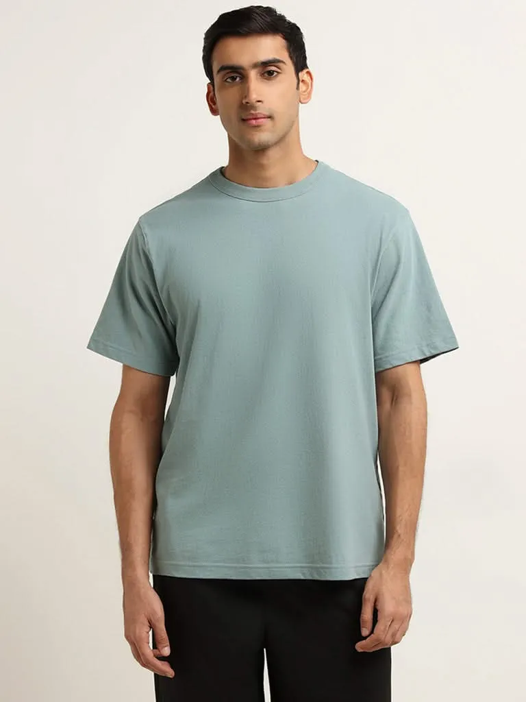 WES Casuals Light Teal Cotton Relaxed Fit T-Shirt