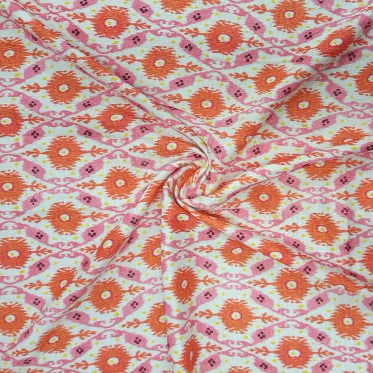 White & Orange Traditional Motif Print Viscose Dobby Fabric