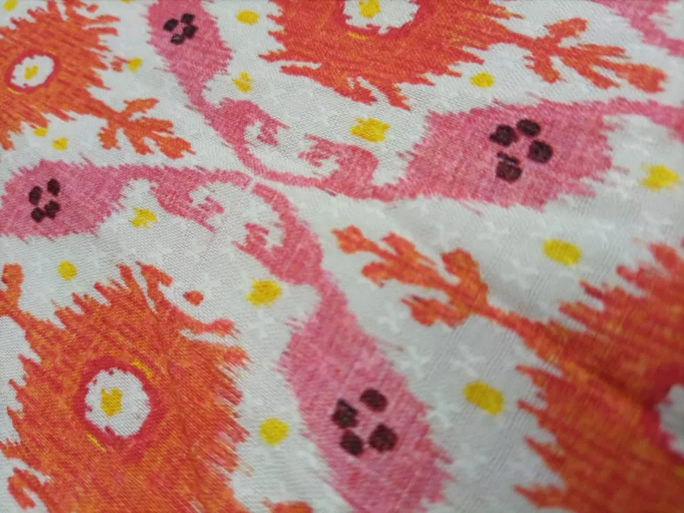 White & Orange Traditional Motif Print Viscose Dobby Fabric