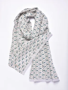 White Teal Buta Block Print Cotton Stole