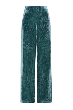 Wide Leg Trousers in Teal Paisley Printed Velvet - Paloma