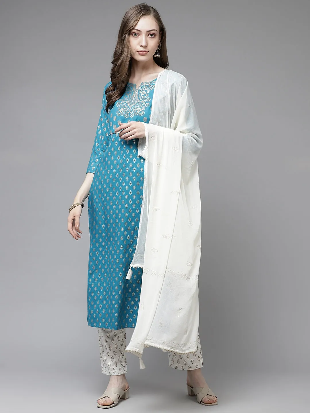 Women Teal Blue & Off-White Printed Kurta Set