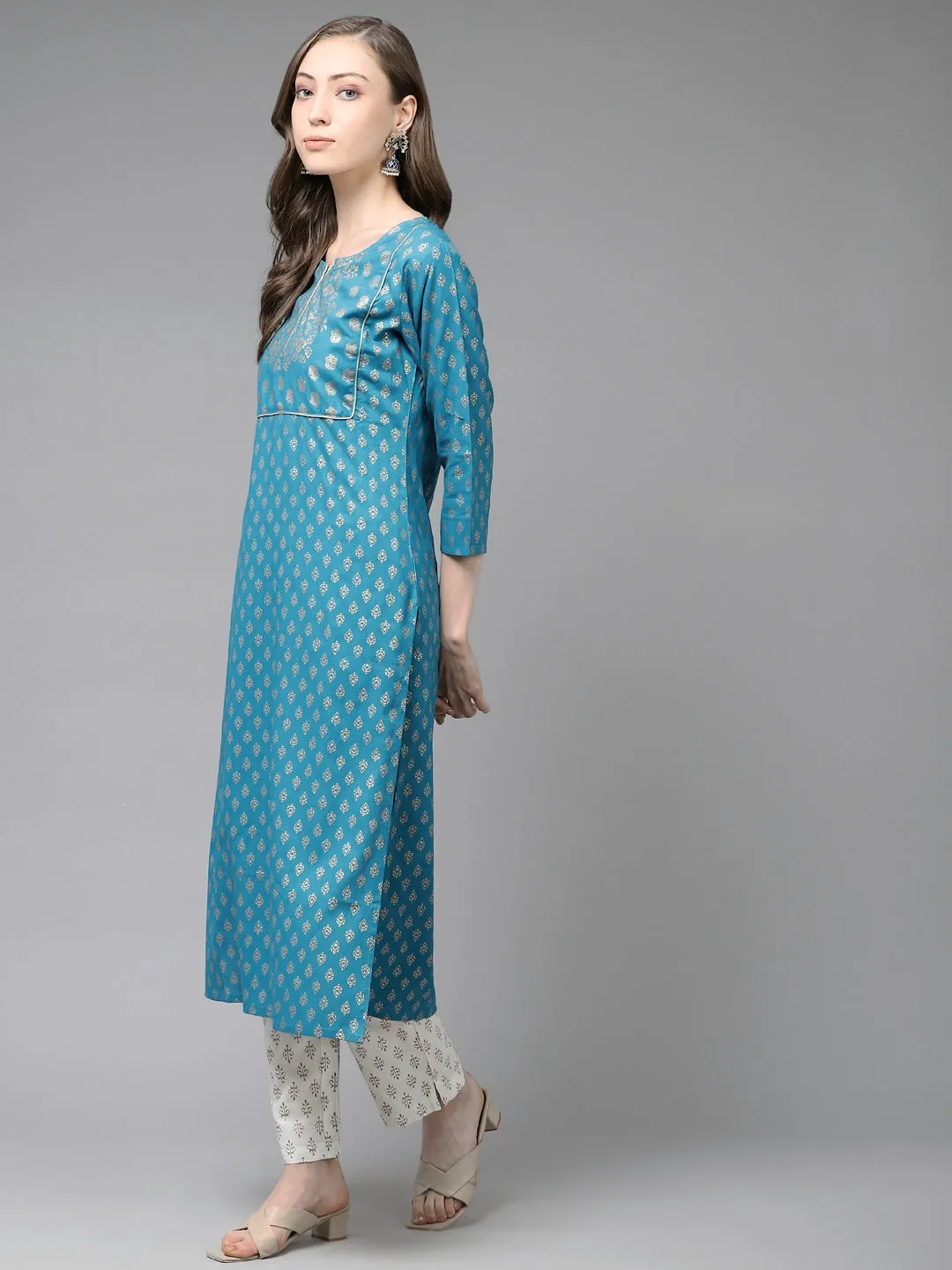 Women Teal Blue & Off-White Printed Kurta Set