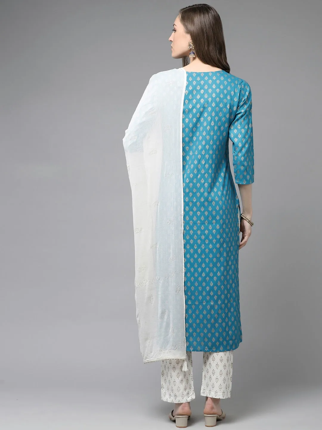 Women Teal Blue & Off-White Printed Kurta Set