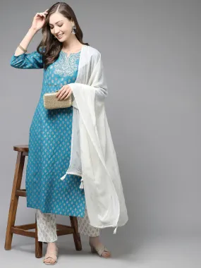 Women Teal Blue & Off-White Printed Kurta Set