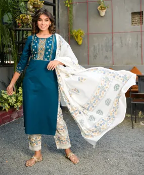 Women Teal Blue And White Printed Dupatta Set