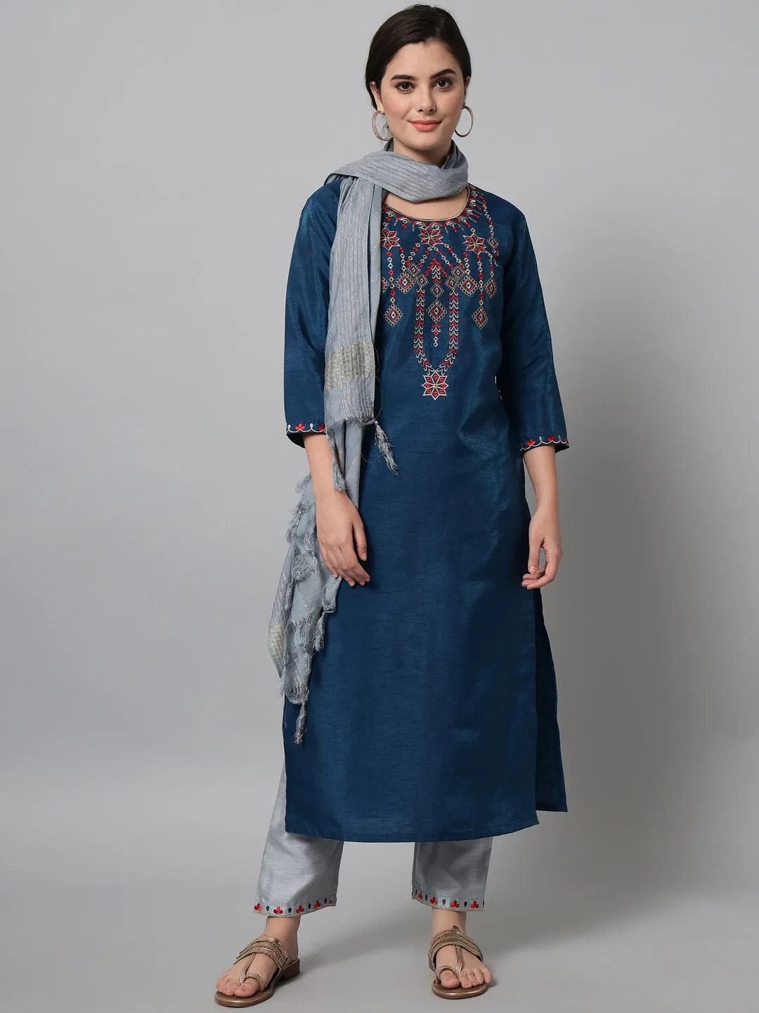 Women Teal Blue Kurta Trouser Set With Geometric Embroidery