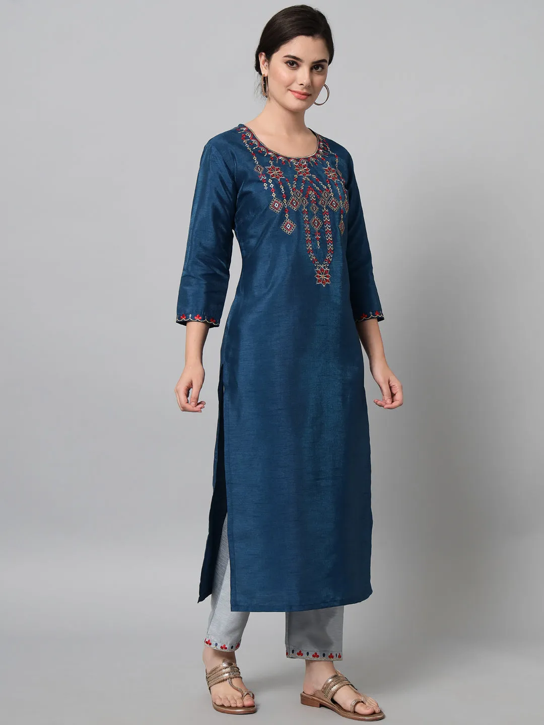 Women Teal Blue Kurta Trouser Set With Geometric Embroidery