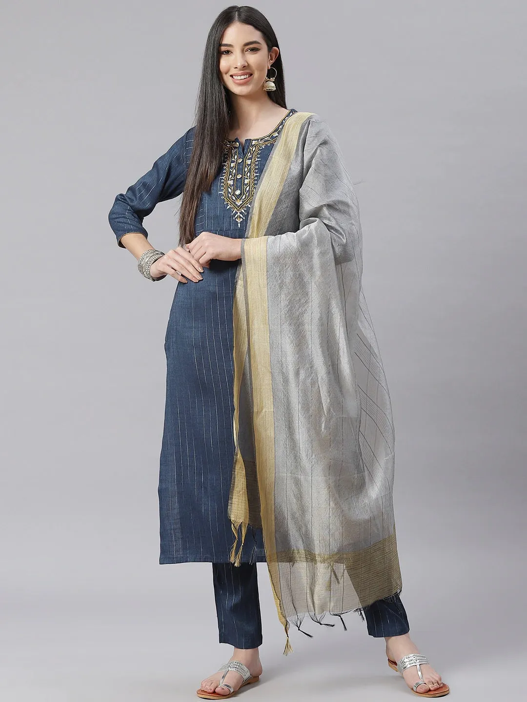 Women Teal Blue Striped Kurta With Trousers And Dupatta