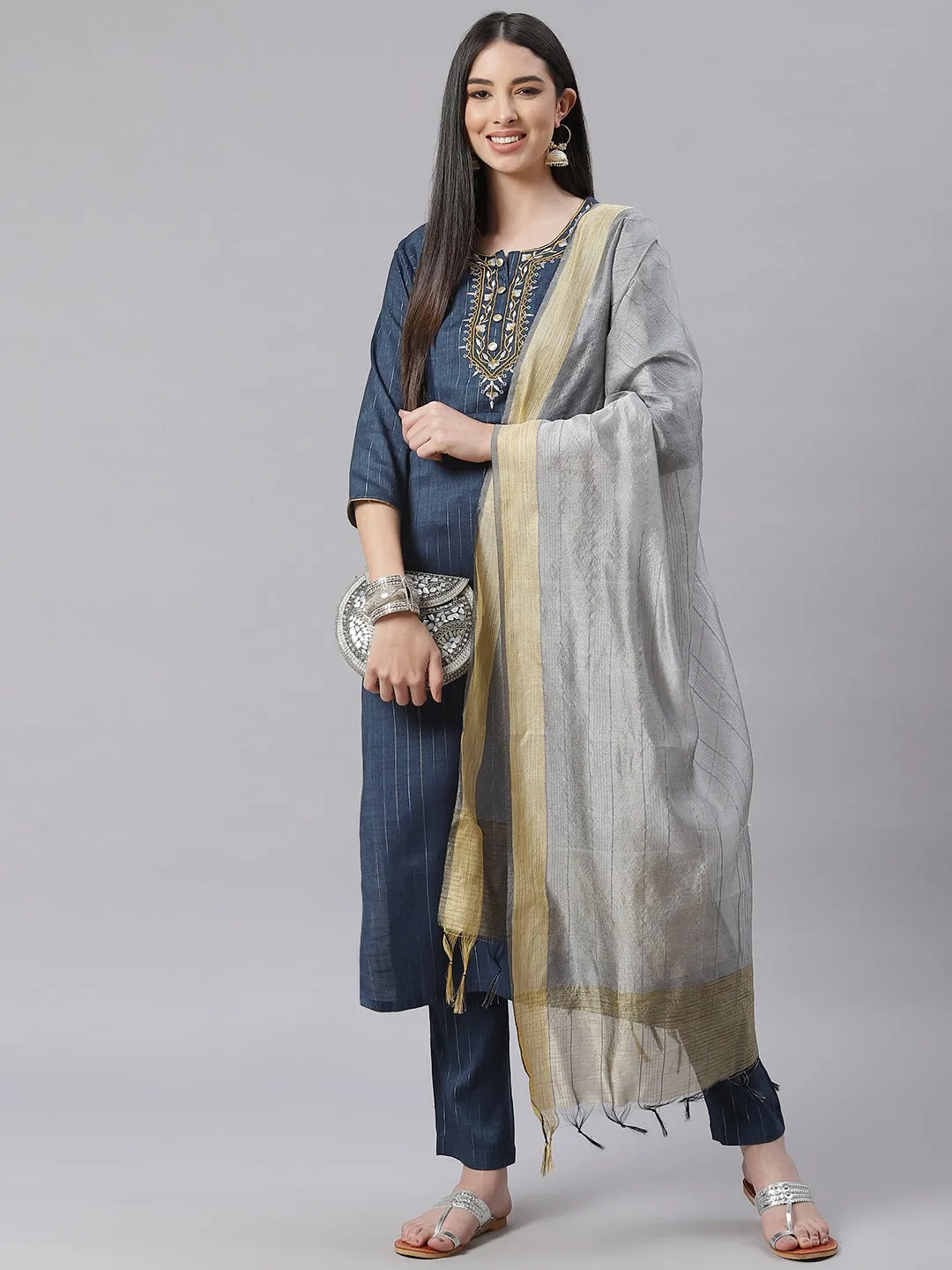 Women Teal Blue Striped Kurta With Trousers And Dupatta