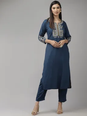 Women Teal Blue Yoke Design Thread Work Kurta With Palazzo