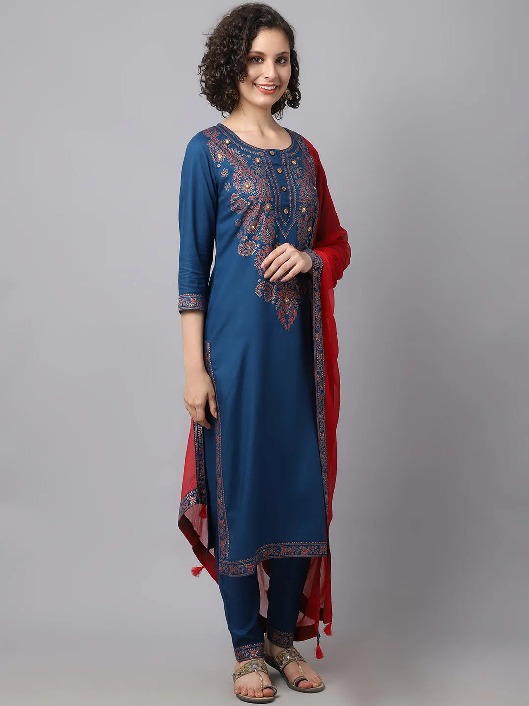 Women Teal Chinkankari Printed Kurta Set With Duptta