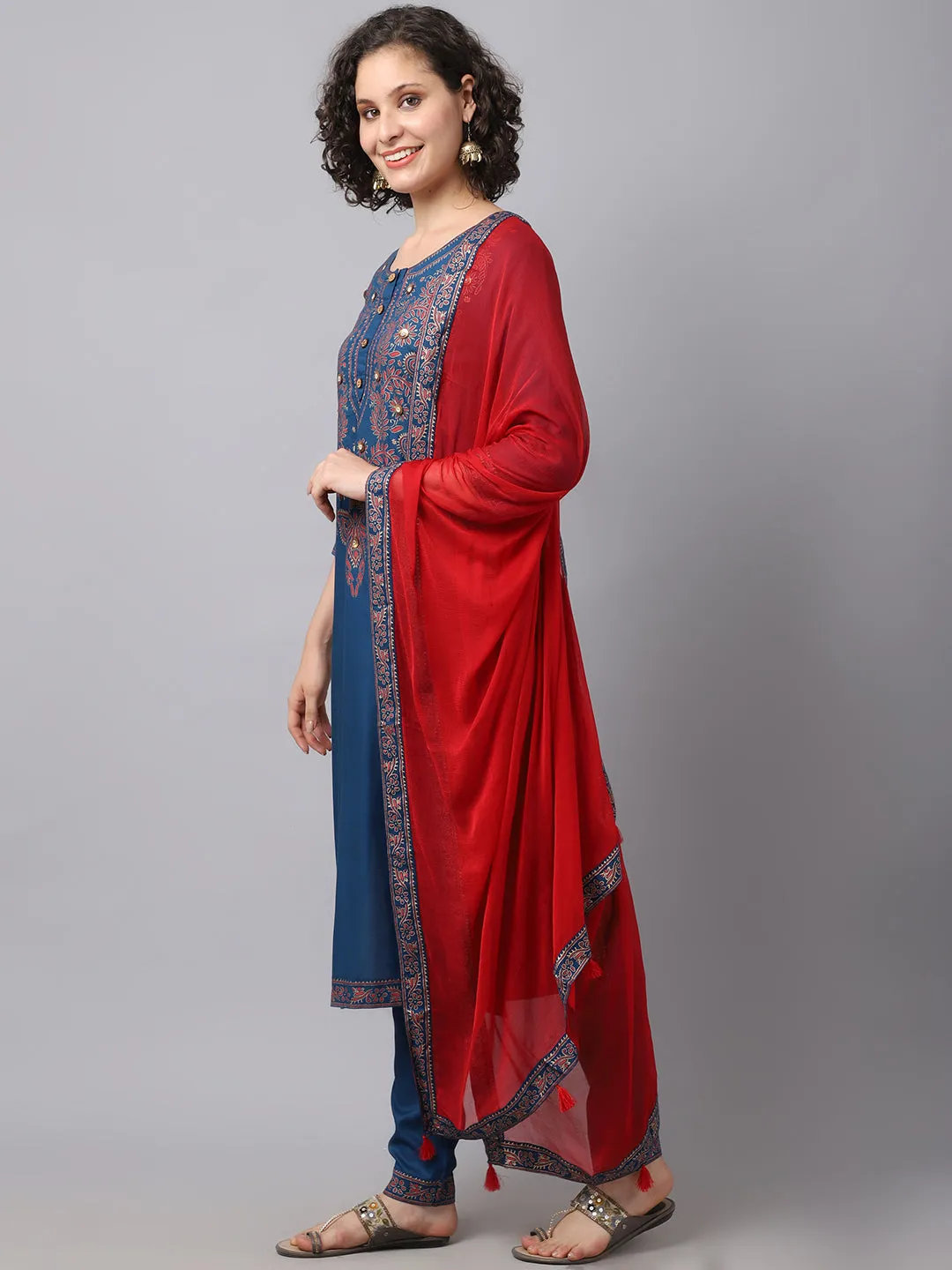 Women Teal Chinkankari Printed Kurta Set With Duptta