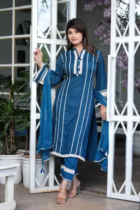 Women  Teal Ethnic Motifs Regular Thread Work Kurta with Trousers  With Dupatta