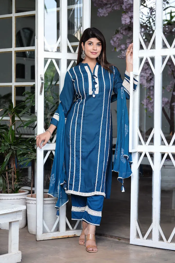 Women  Teal Ethnic Motifs Regular Thread Work Kurta with Trousers  With Dupatta