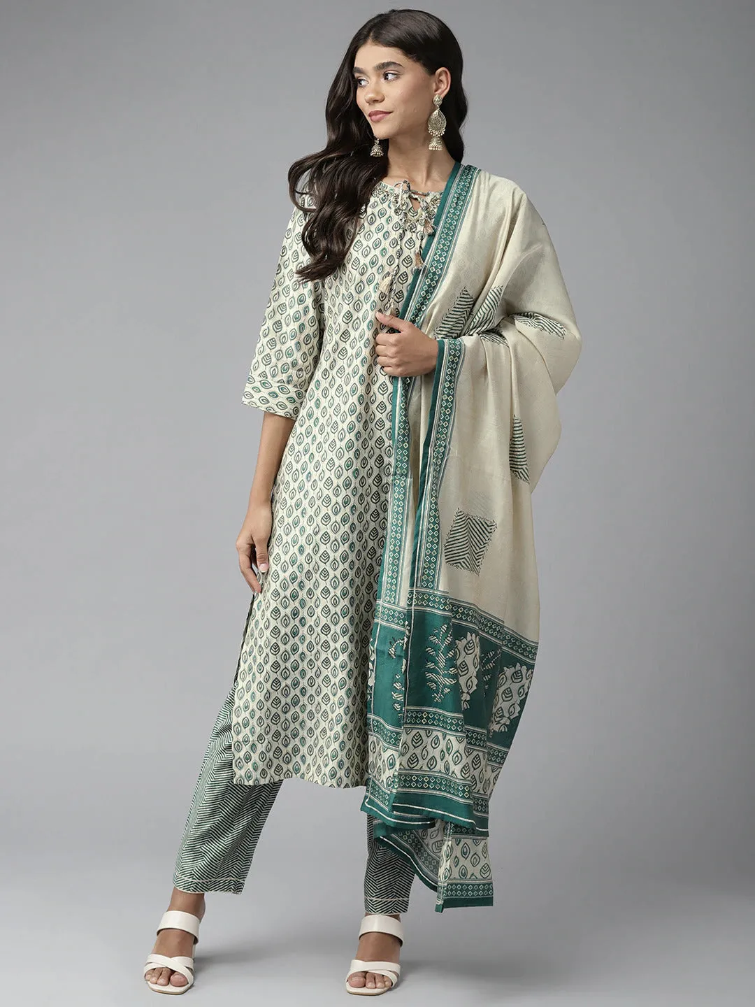 Women Teal Green And Off White Aari Work Muslin Kurta With Pant And Dupatta Set