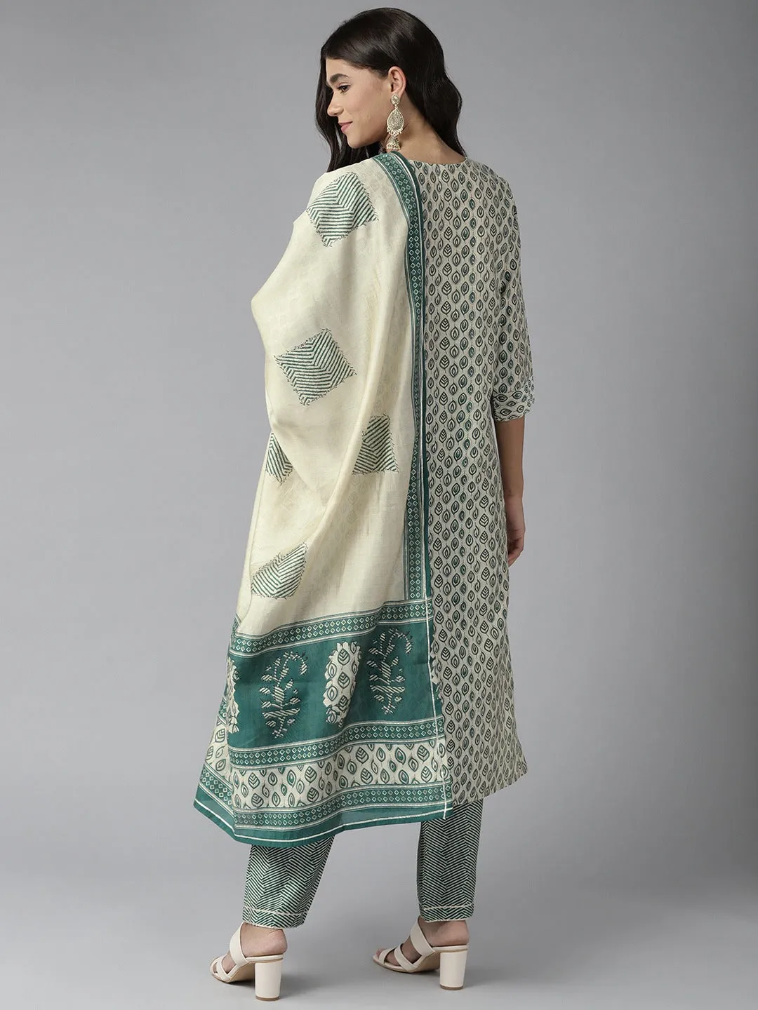 Women Teal Green And Off White Aari Work Muslin Kurta With Pant And Dupatta Set