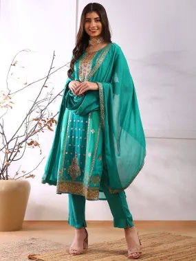 Women Teal Organza Abstract Woven Design Straight Kurta Trouser With Dupatta