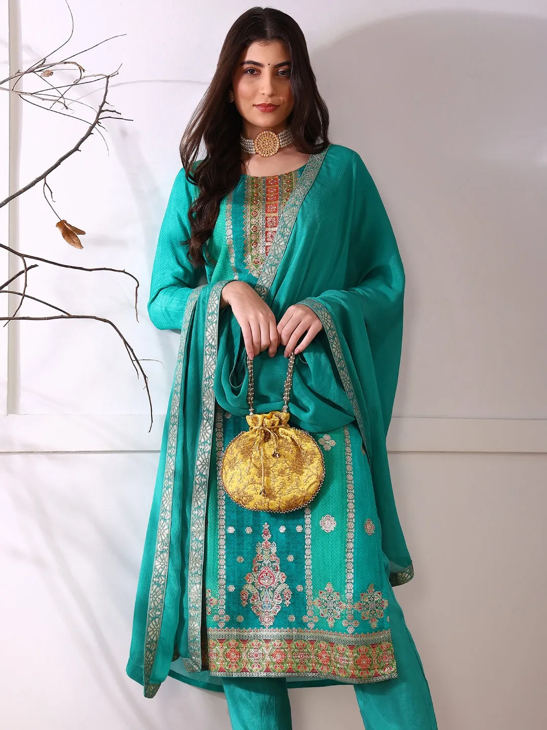 Women Teal Organza Abstract Woven Design Straight Kurta Trouser With Dupatta