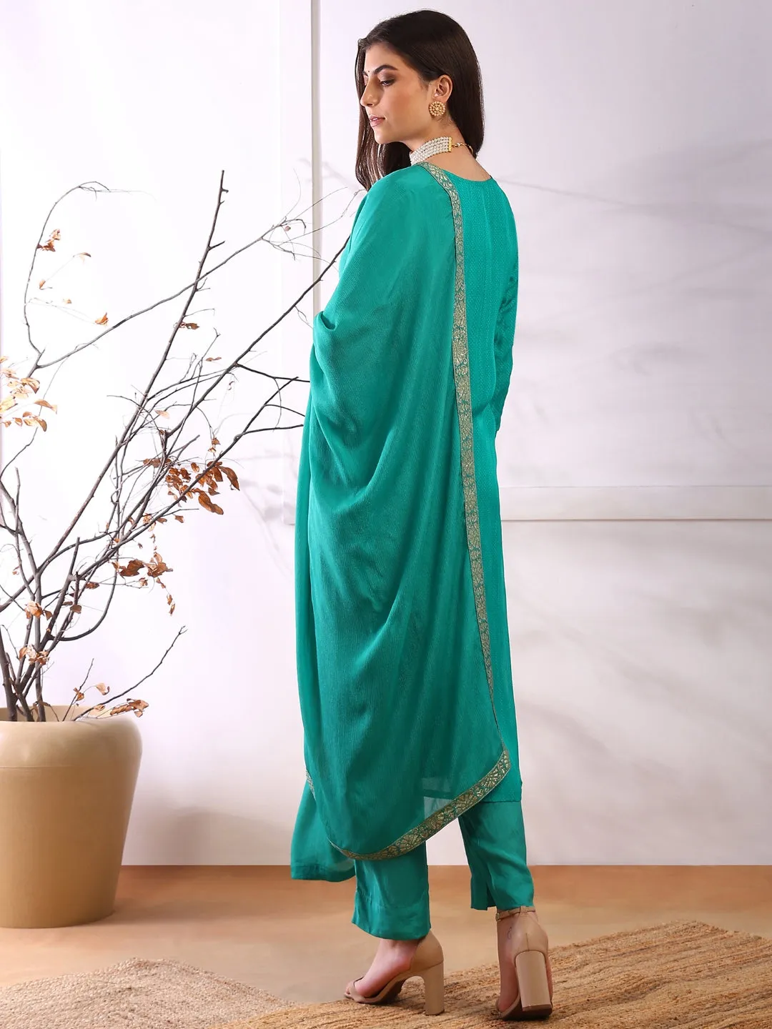 Women Teal Organza Abstract Woven Design Straight Kurta Trouser With Dupatta