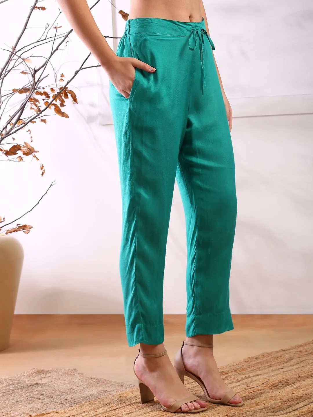 Women Teal Organza Abstract Woven Design Straight Kurta Trouser With Dupatta