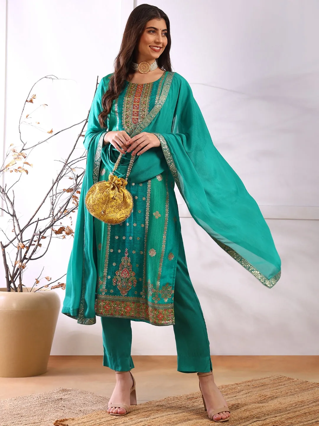 Women Teal Organza Abstract Woven Design Straight Kurta Trouser With Dupatta