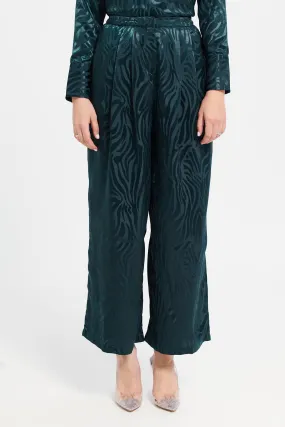 Women Teal Satin Jacquard Trousers