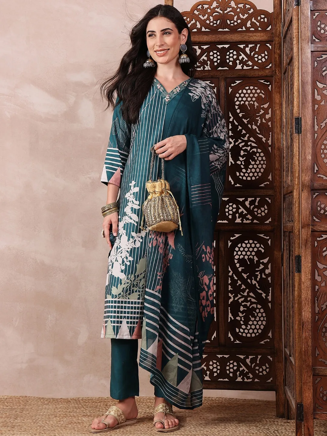 Women Teal Silk Blend Abstract Printed Straight Kurta Trouser With Dupatta