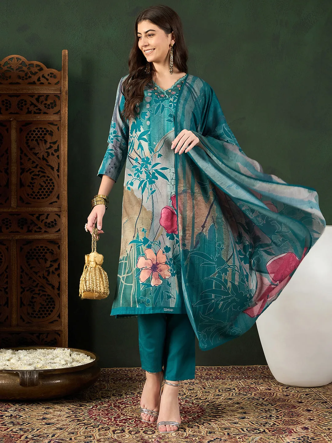 Women Teal Silk Blend Floral Printed Straight Kurta Trouser With Dupatta