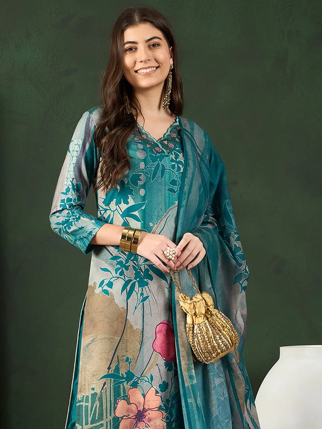 Women Teal Silk Blend Floral Printed Straight Kurta Trouser With Dupatta